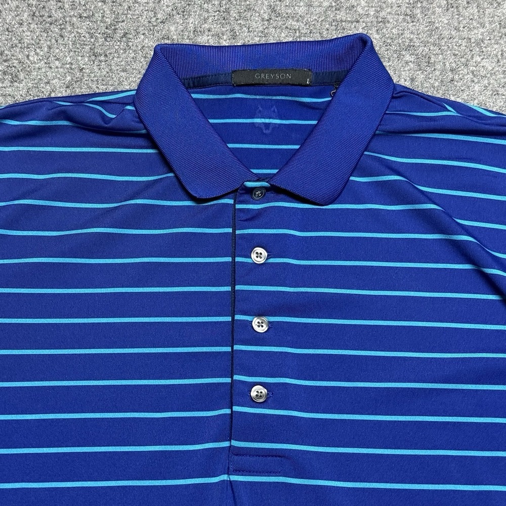 Greyson Shirt Mens L Blue Striped Golf Club Polo Stretch Lightweight Wolf Logo